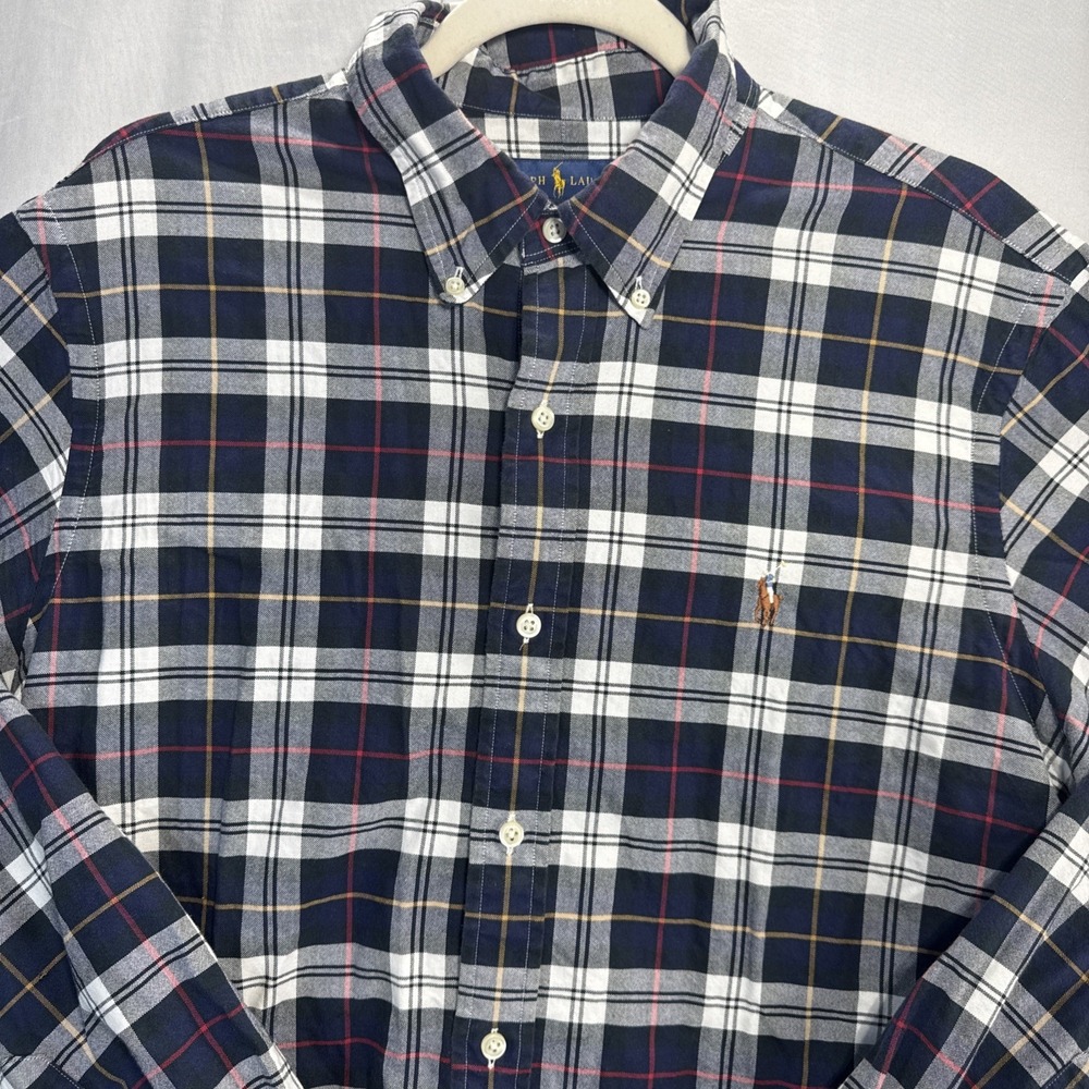 Polo Ralph Lauren Mens Blue Tartan Plaid Button Down Shirt Flesh Pony Large CF